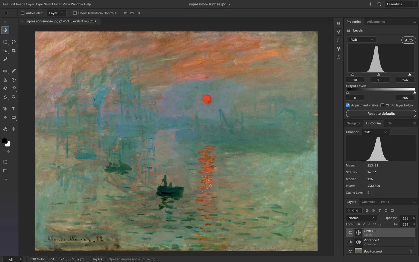 PhotoCraft with Levels and Vibrance adjustment layers and the Histogram panel, editing Monet's Impression, Sunrise