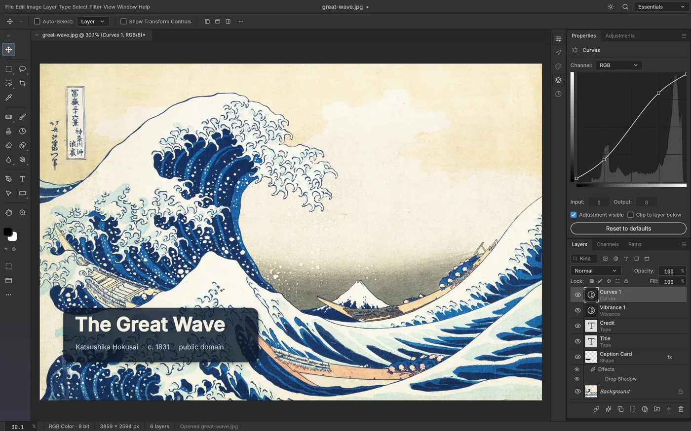 PhotoCraft editing Hokusai's The Great Wave with type and adjustment layers